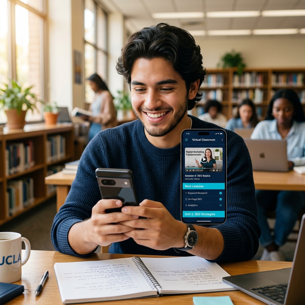 Estudiante capacitándose desde su teléfono móvil con CONECTA BOLIVIA